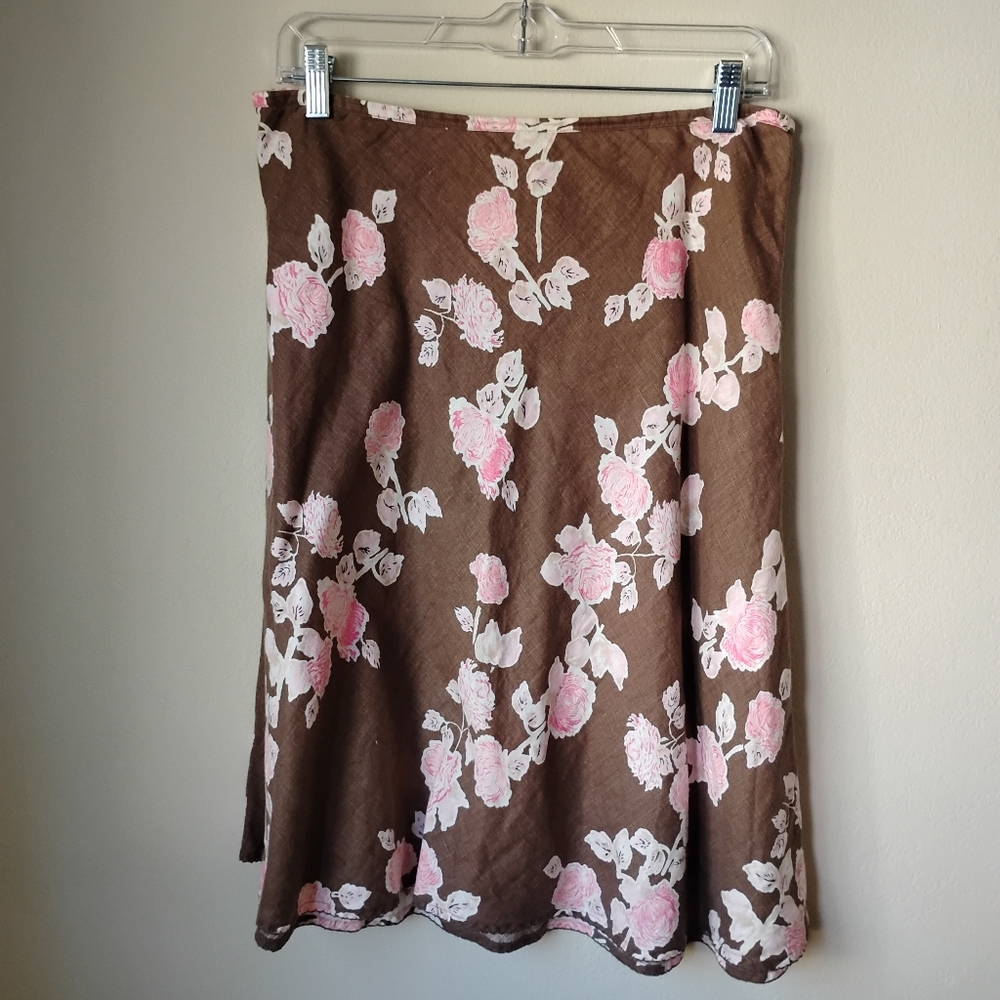 LOFT Brown and Pink Floral A-Line Skirt - Picture 2 of 9